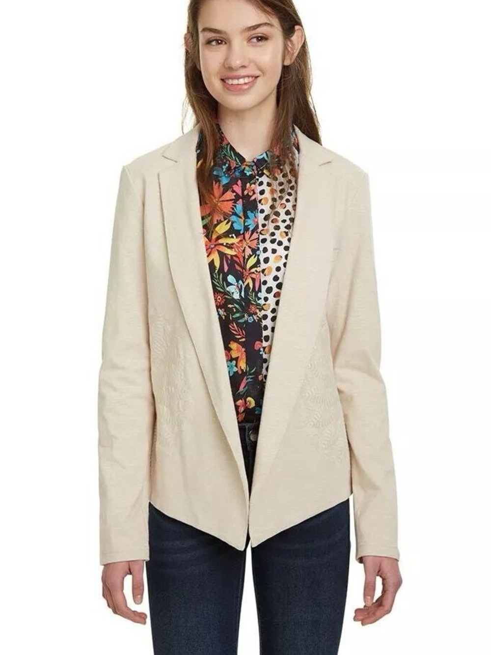 Desigual Cream Open-Front Embroidered Women's Cotton Blazer Jacket, 40, US 6, M